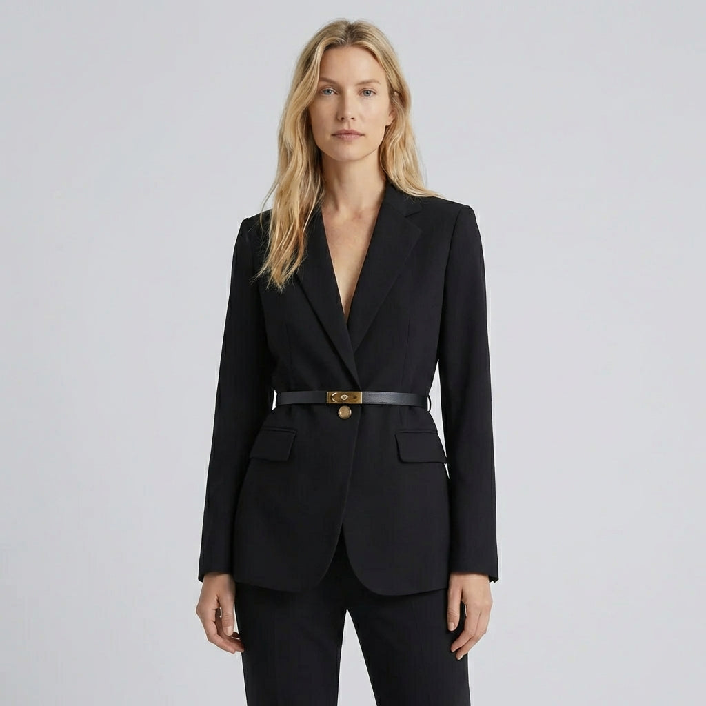 Woman wearing a black suit on a gray background