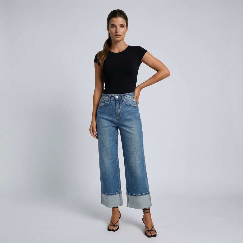 Woman wearing blue jeans and a black top on a gray background