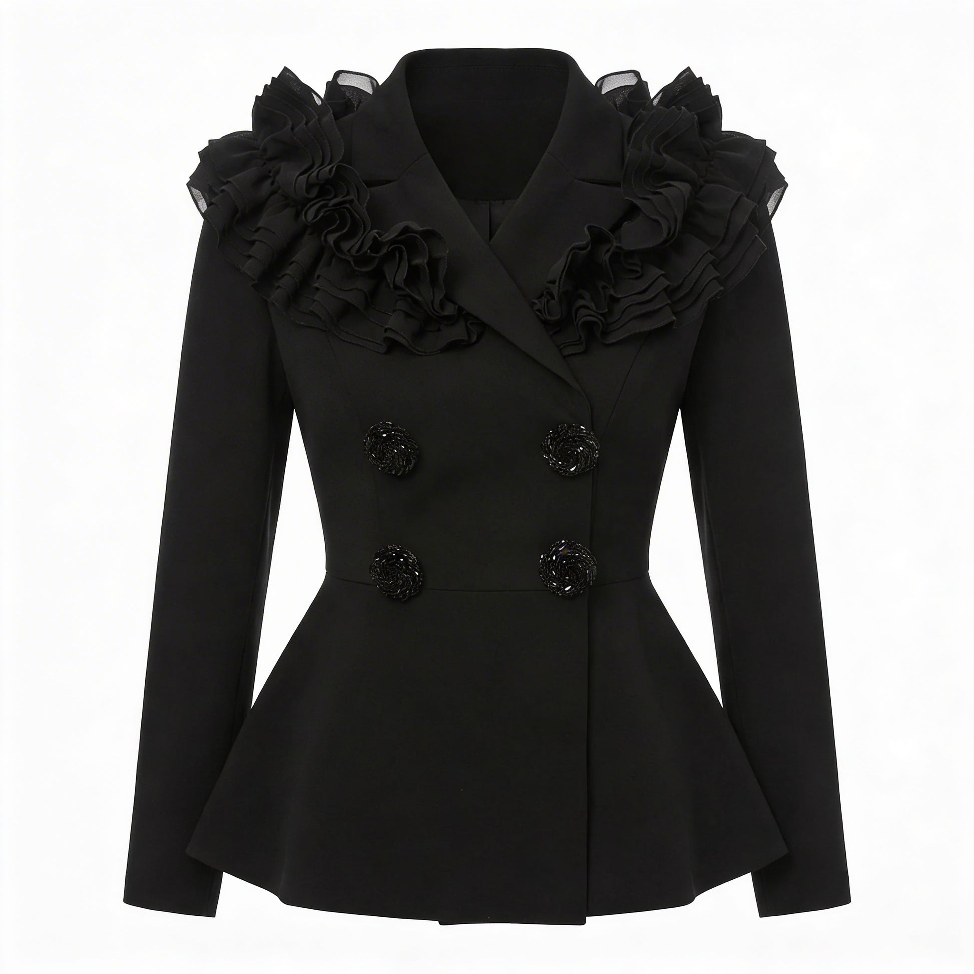 Black Ruffled Blazer with Pleated Skirt