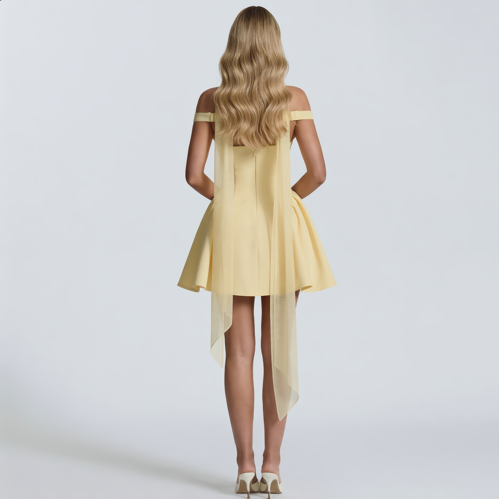 Women's Yellow Bardot Mini Dress with Corset-Style Fit and Tulle Detailing