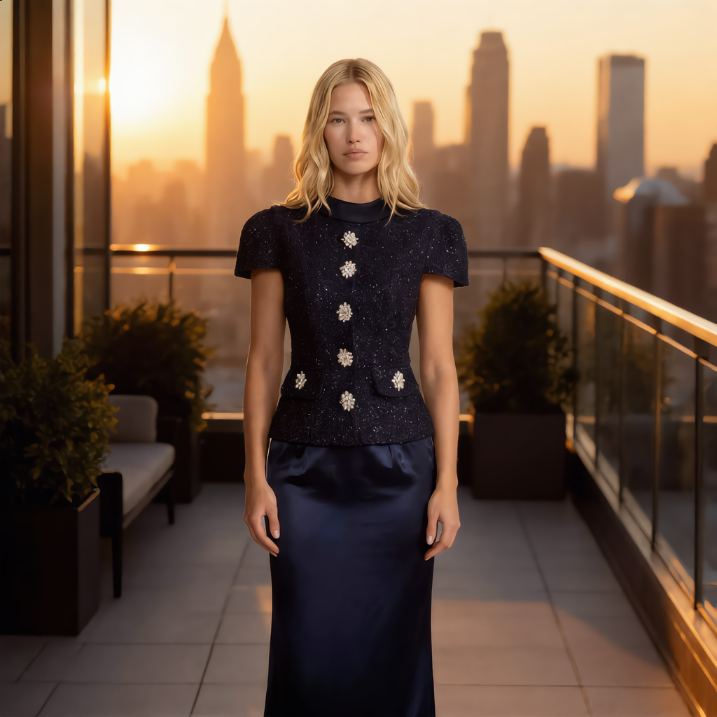 Two-Piece Formal Set with Embellished Top and Full-Length Skirt - Navy Blue