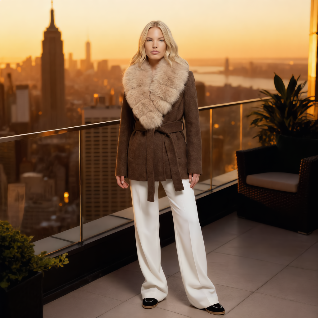 Brown Wrap Coat with Detachable Plush-Textured Collar and Belted Waist