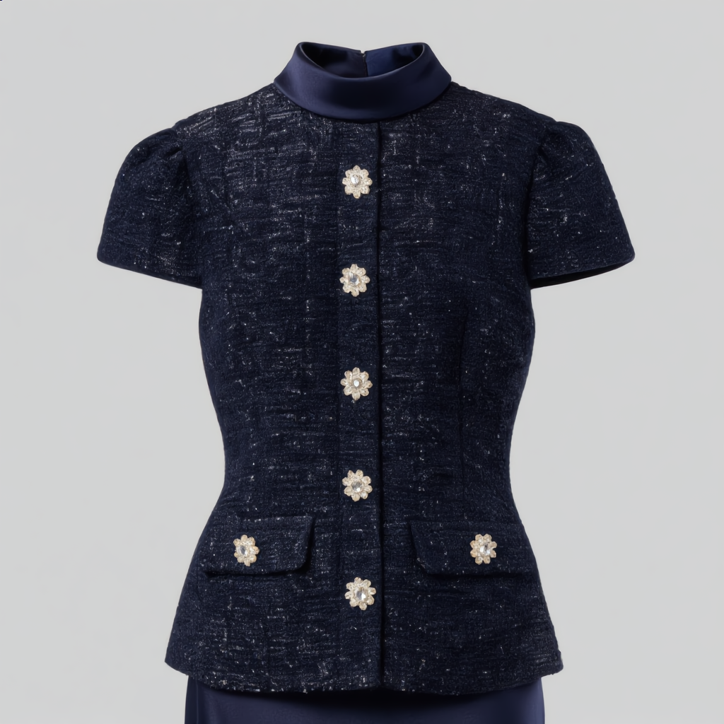 Two-Piece Formal Set with Embellished Top and Full-Length Skirt - Navy Blue