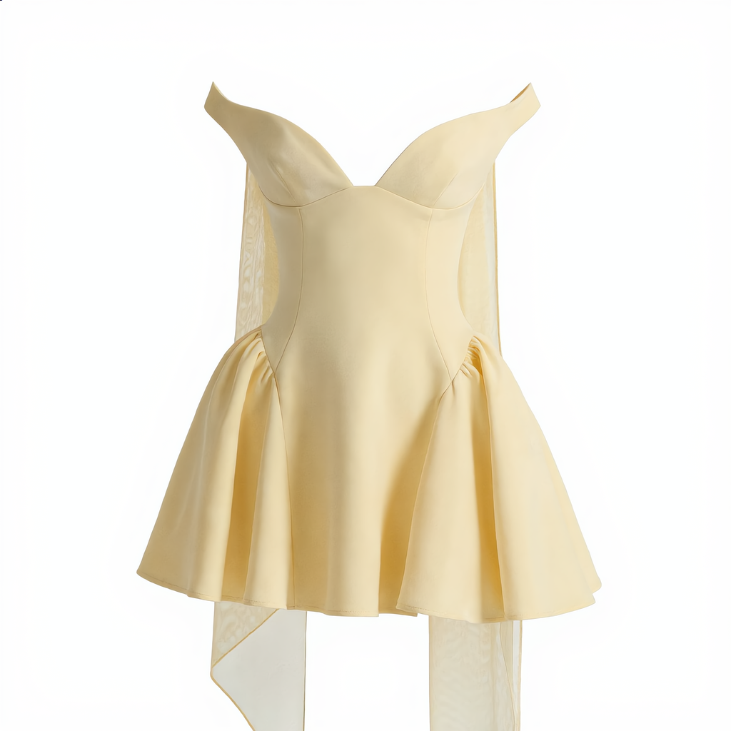 Women's Yellow Bardot Mini Dress with Corset-Style Fit and Tulle Detailing