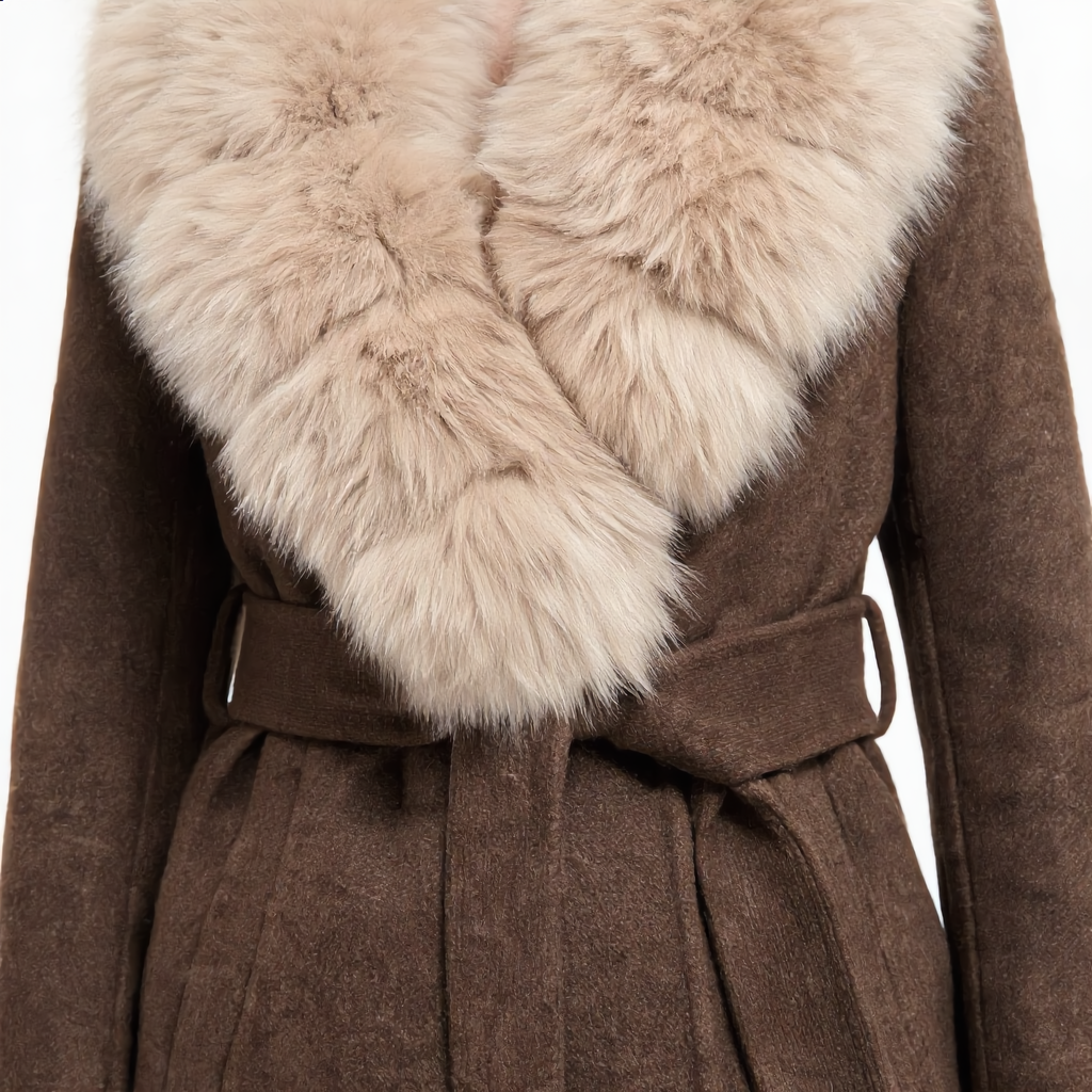 Brown Wrap Coat with Detachable Plush-Textured Collar and Belted Waist