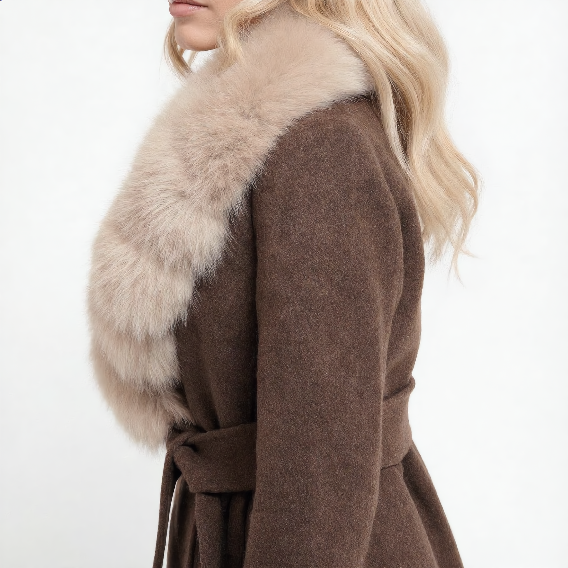Brown Wrap Coat with Detachable Plush-Textured Collar and Belted Waist