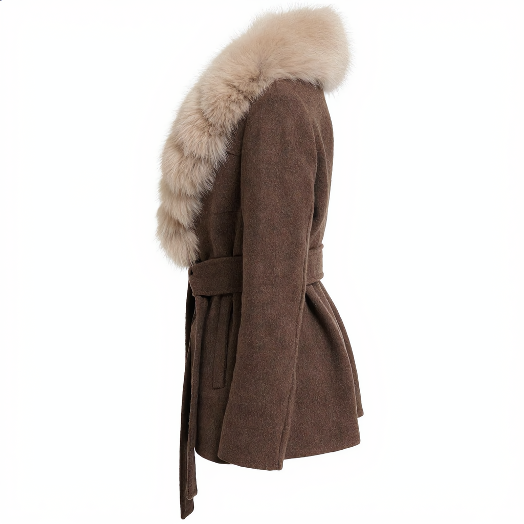 Brown Wrap Coat with Detachable Plush-Textured Collar and Belted Waist