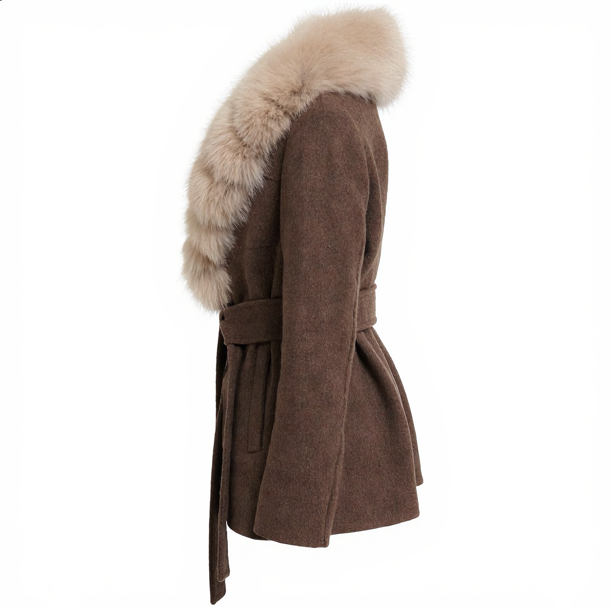 Brown Wrap Coat with Detachable Plush-Textured Collar and Belted Waist
