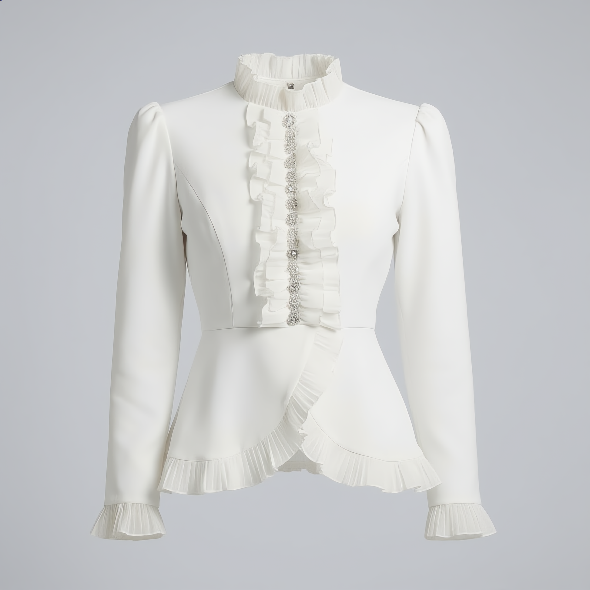 White Rhinestone-Trimmed Top with Tiered Ruffle Skirt