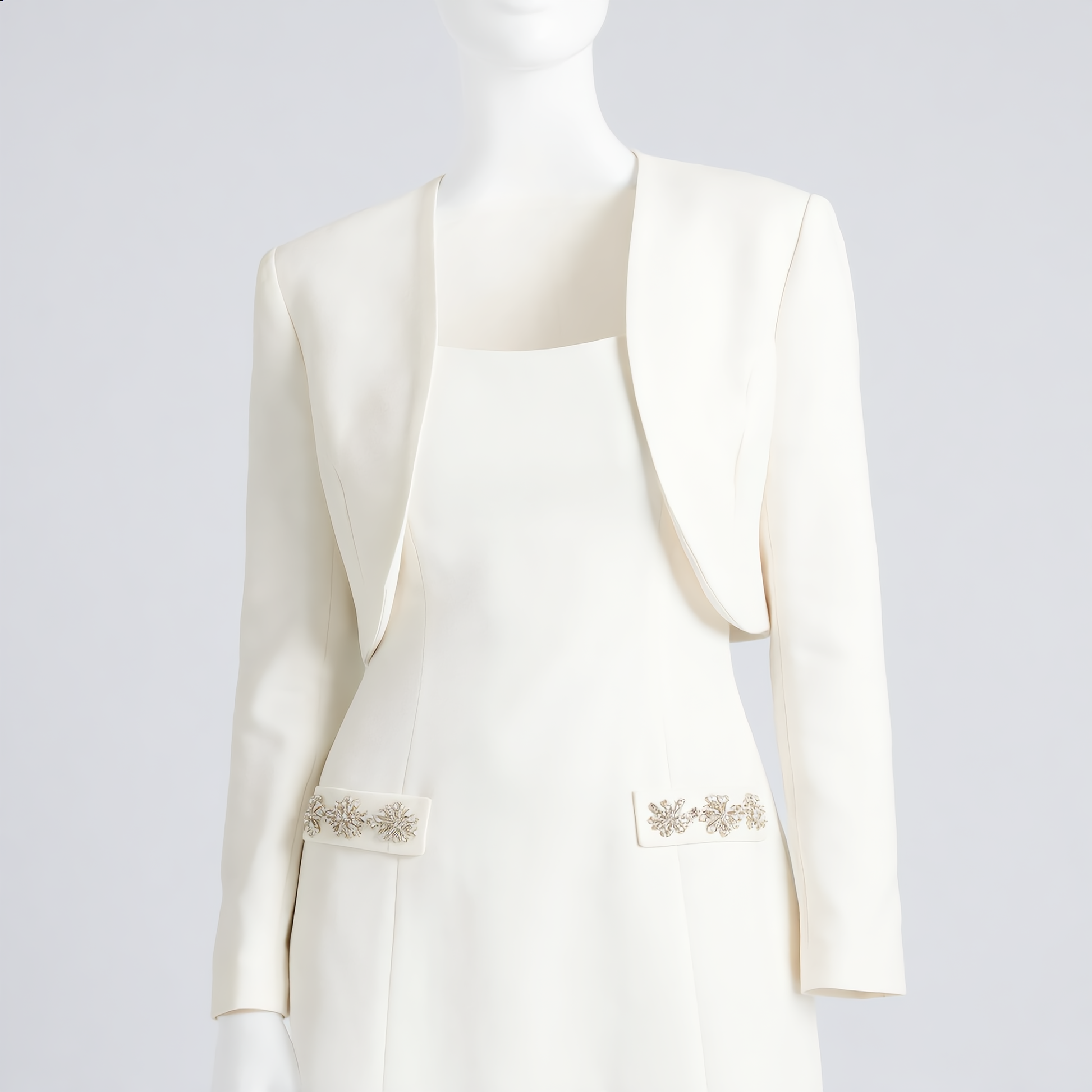 White Crystal-Trim Mini Dress with Cropped Blazer