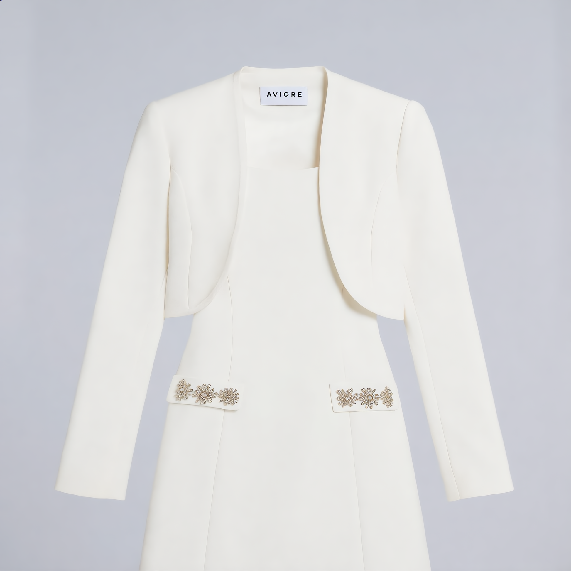 White Crystal-Trim Mini Dress with Cropped Blazer