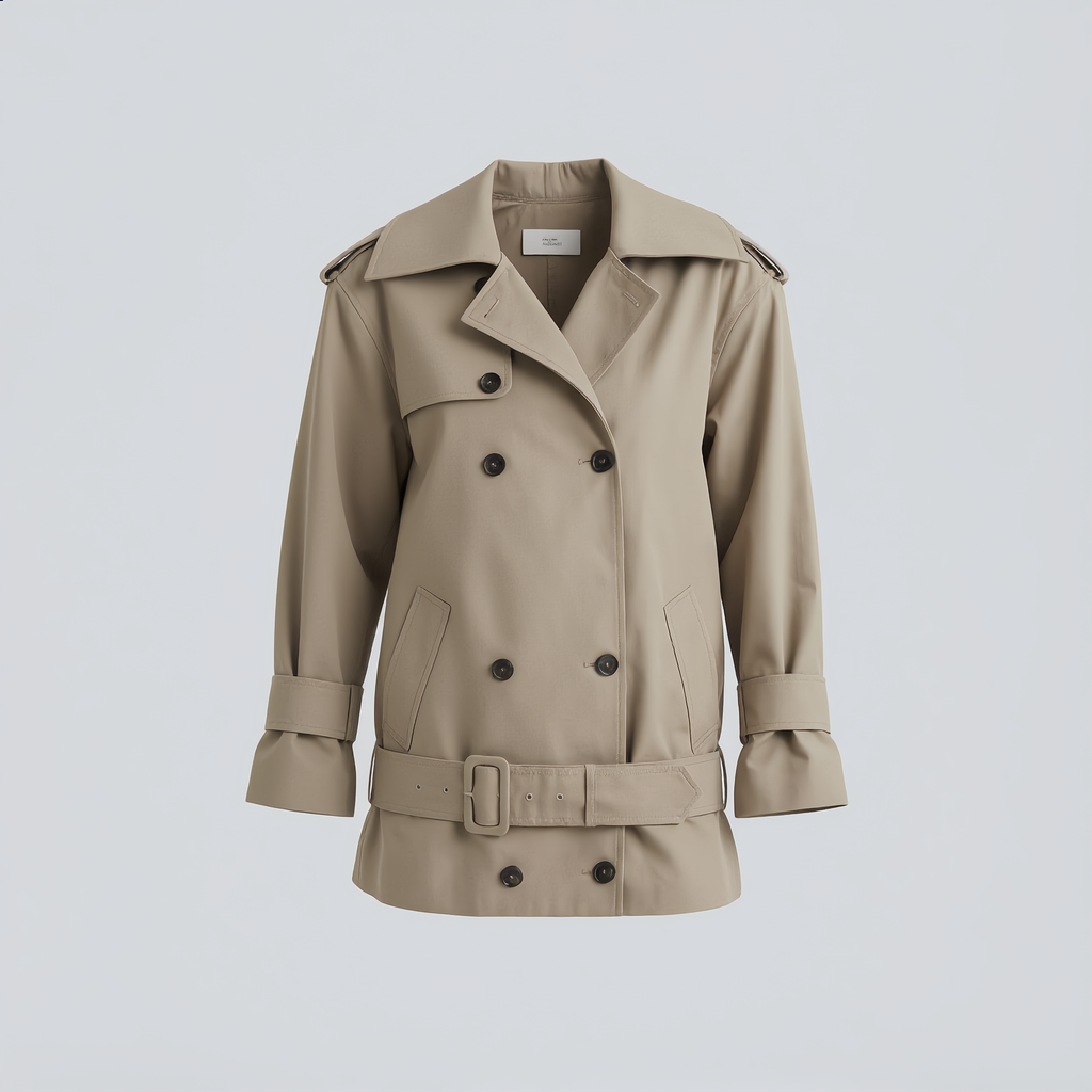 Beige Double-Breasted Trench Coat with Belt & Shoulder Details