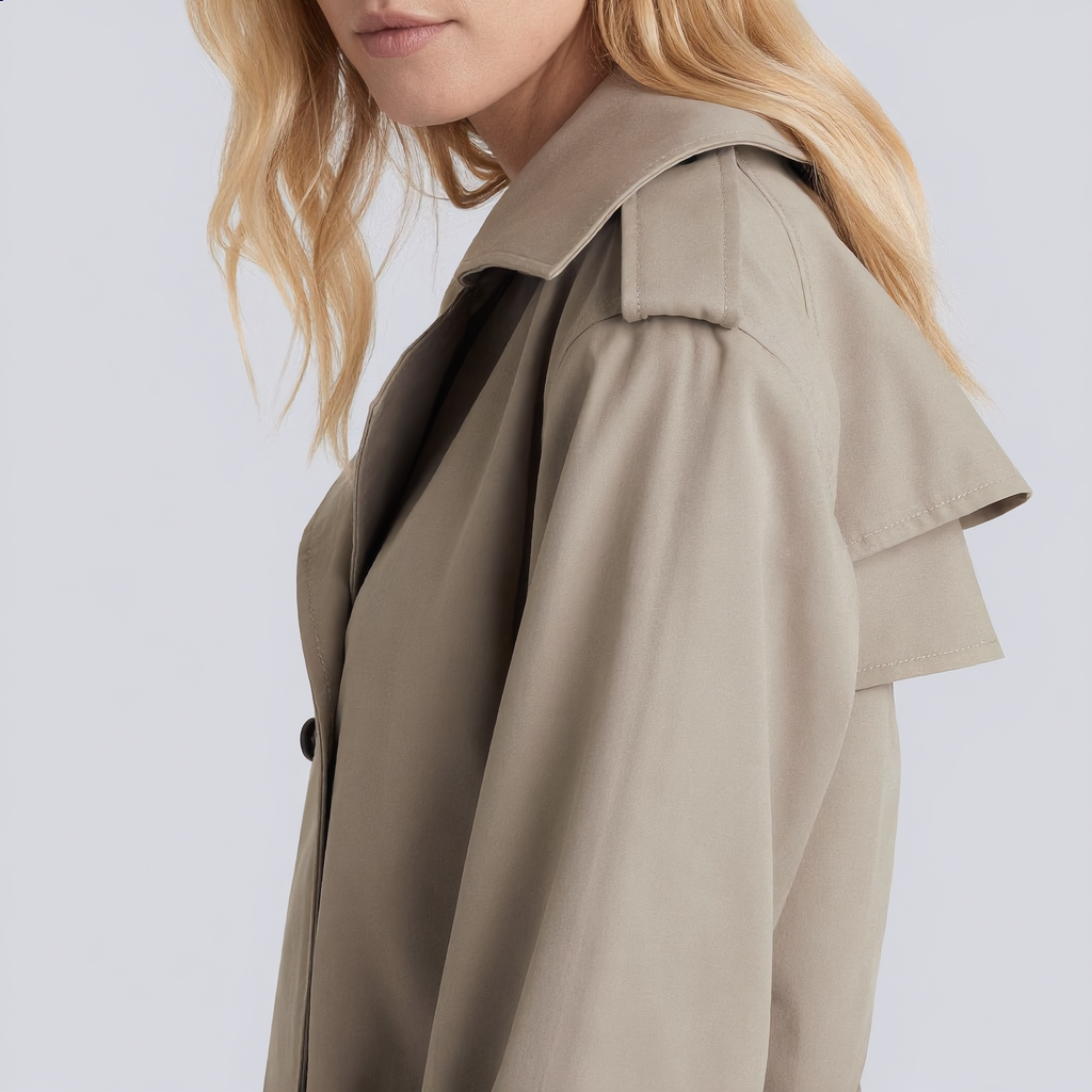 Beige Double-Breasted Trench Coat with Belt & Shoulder Details