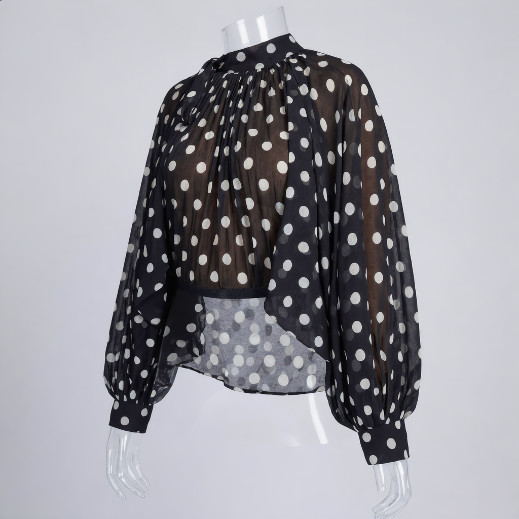 Polka Dot Sheer Blouse with Tie Neck