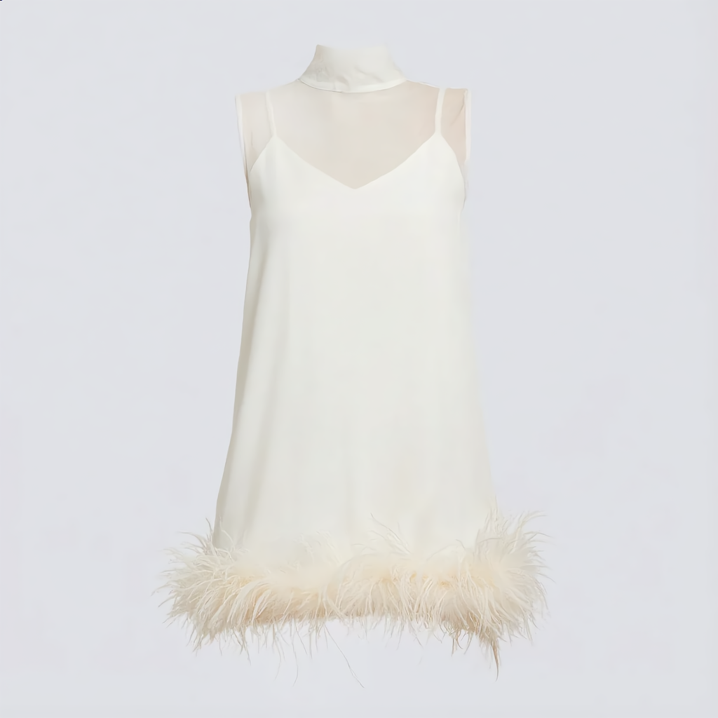White Feather-Trim Mini Dress Chic Ribbon Tie-Neck Sleeveless