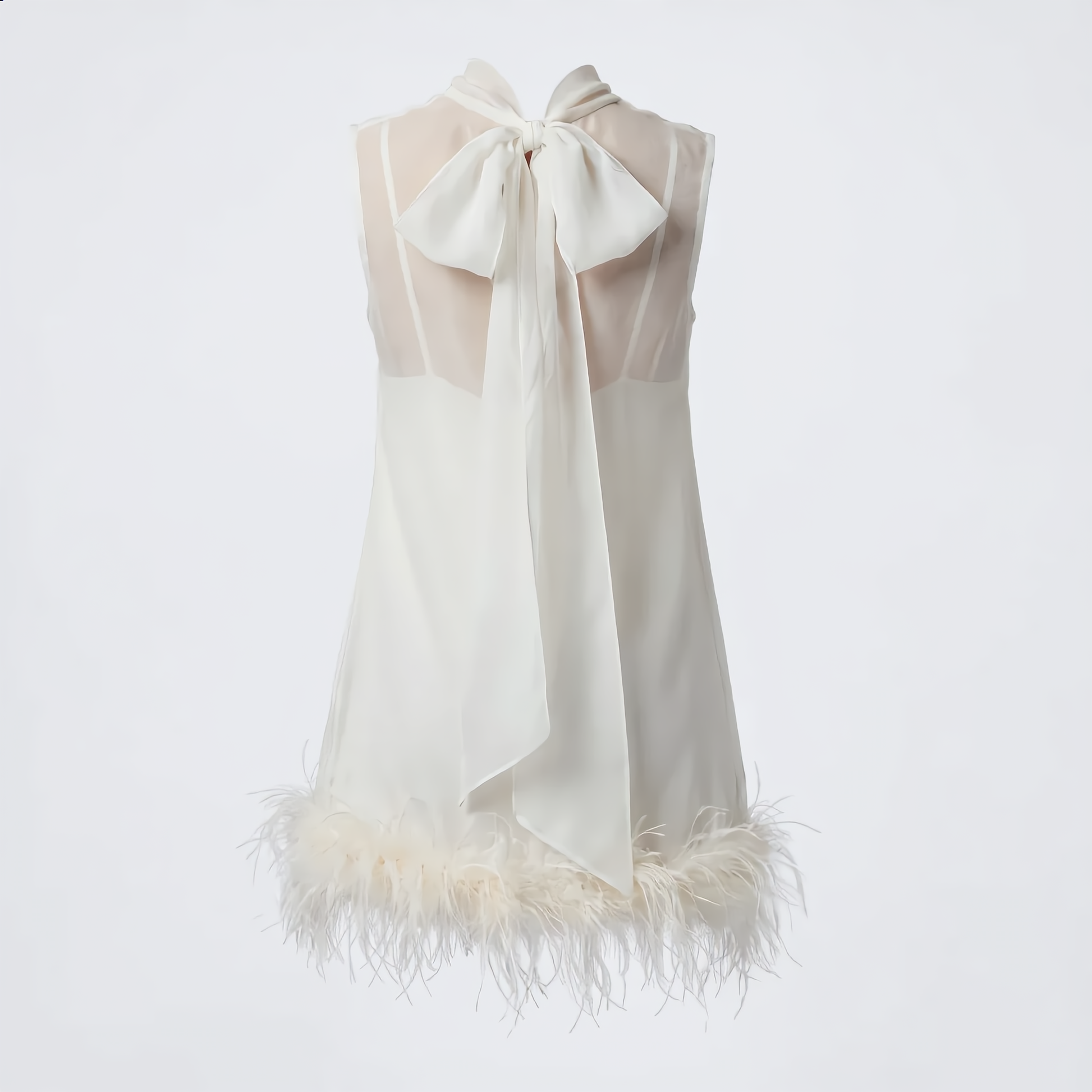 White Feather-Trim Mini Dress Chic Ribbon Tie-Neck Sleeveless