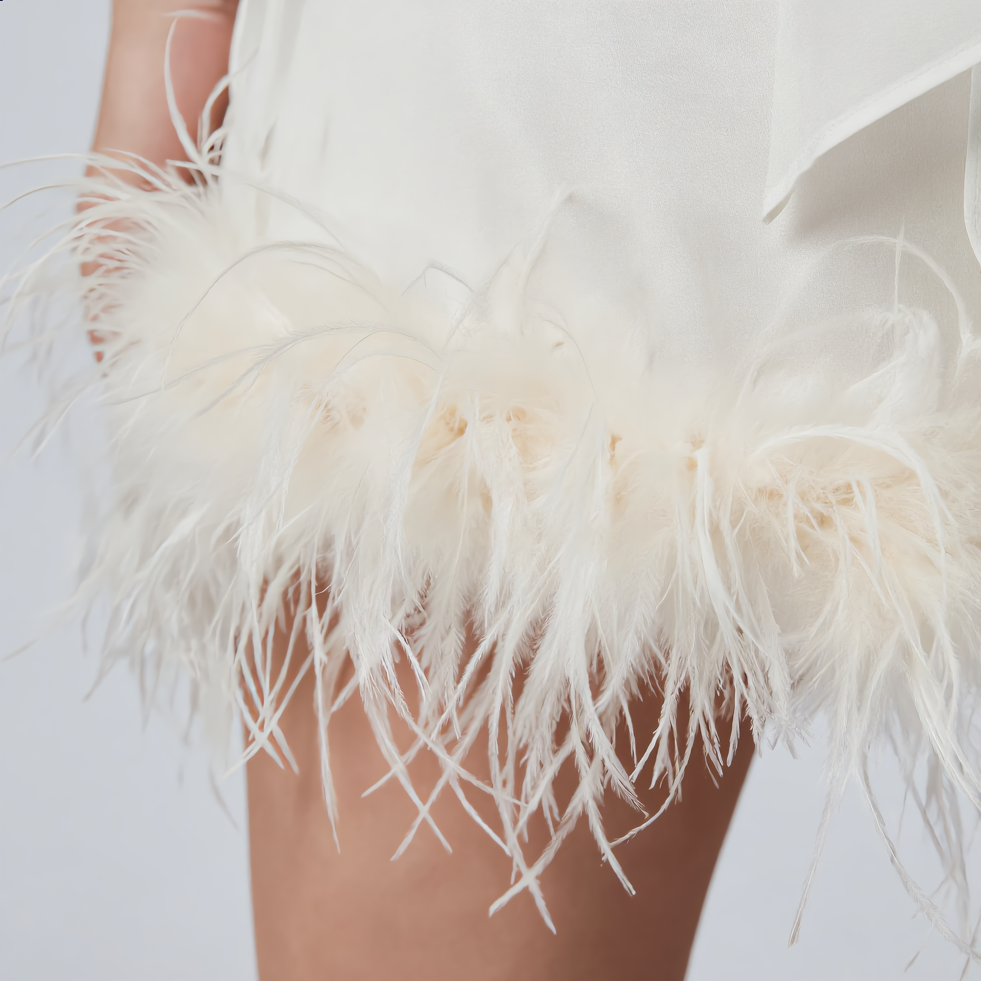 White Feather-Trim Mini Dress Chic Ribbon Tie-Neck Sleeveless