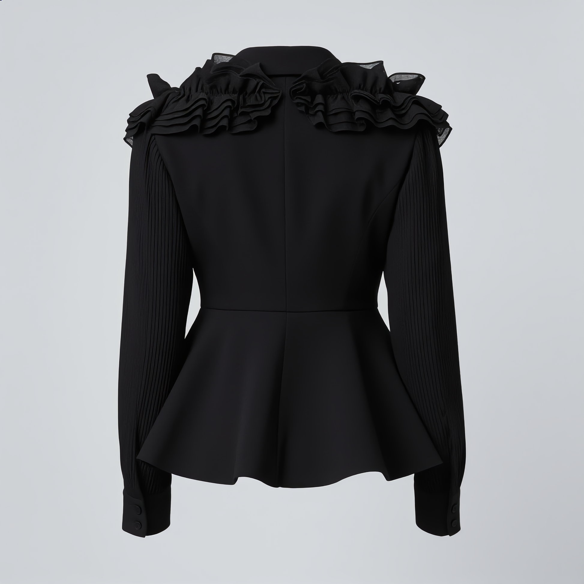 Black Ruffled Blazer with Pleated Skirt