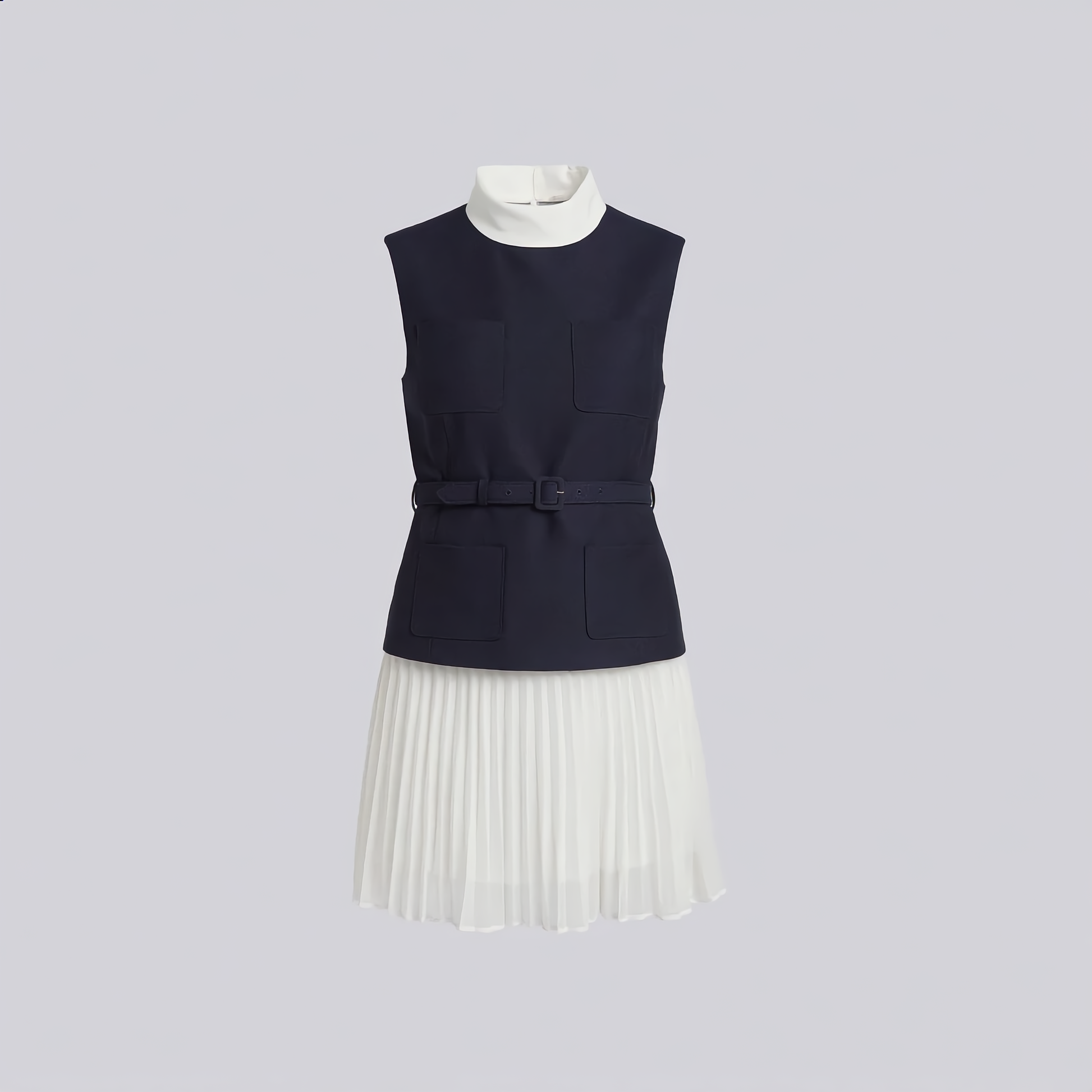 Sleeveless Structured Dress Pleated Skirt with Contrast Collar Navy and White