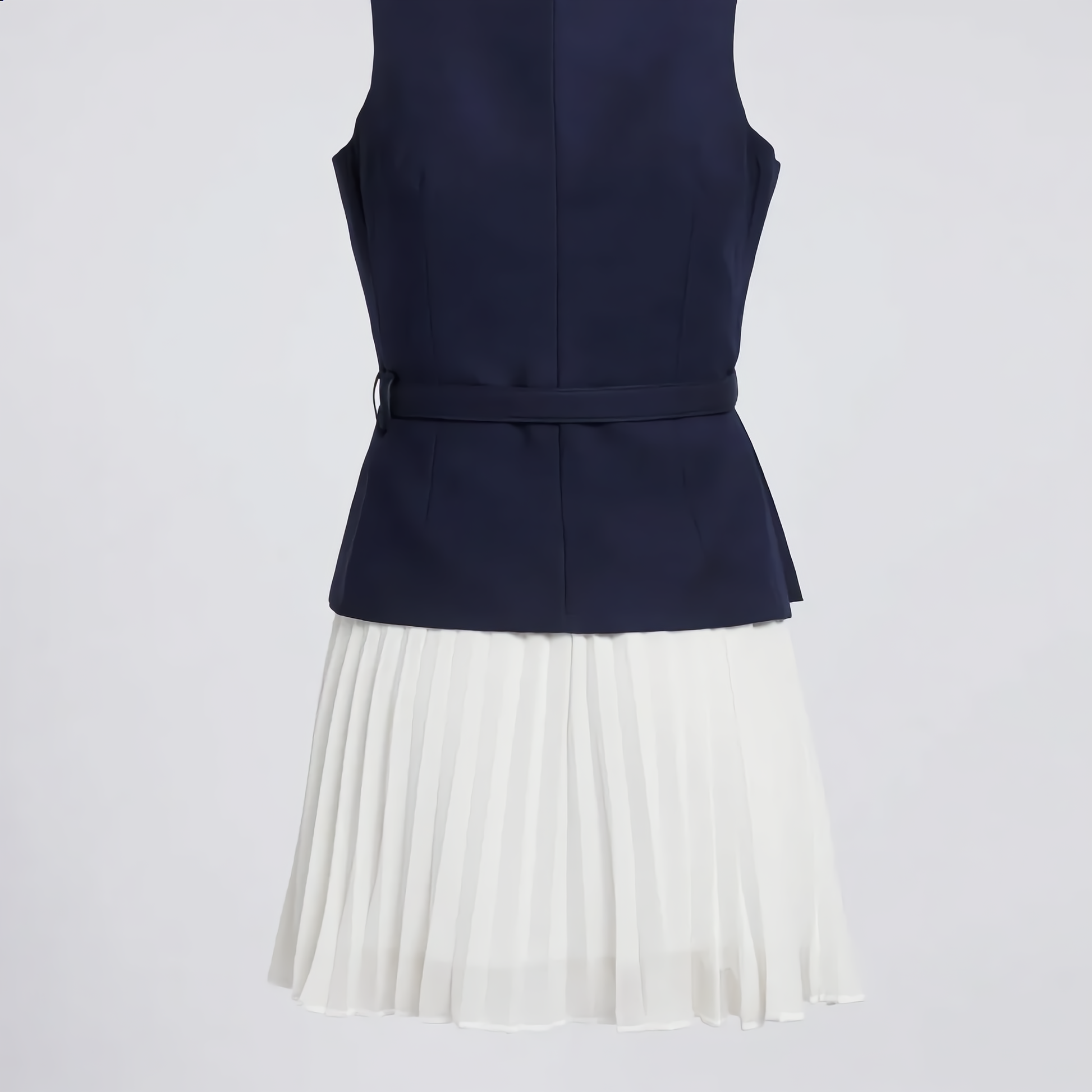 Sleeveless Structured Dress Pleated Skirt with Contrast Collar Navy and White