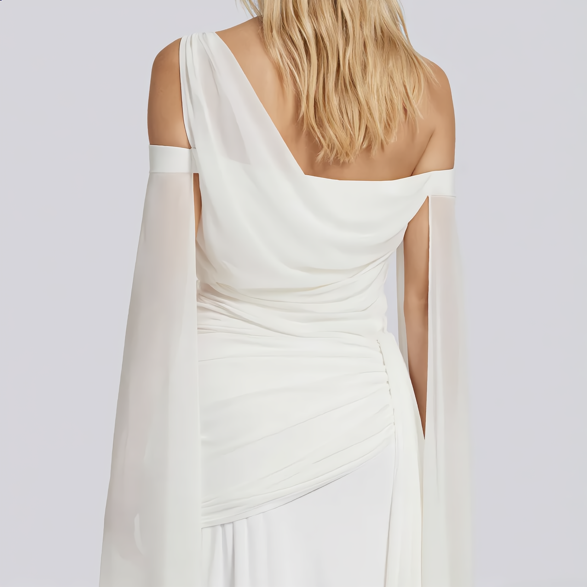 White One-Shoulder Draped Maxi Dress Ruched & Ribbon Detail