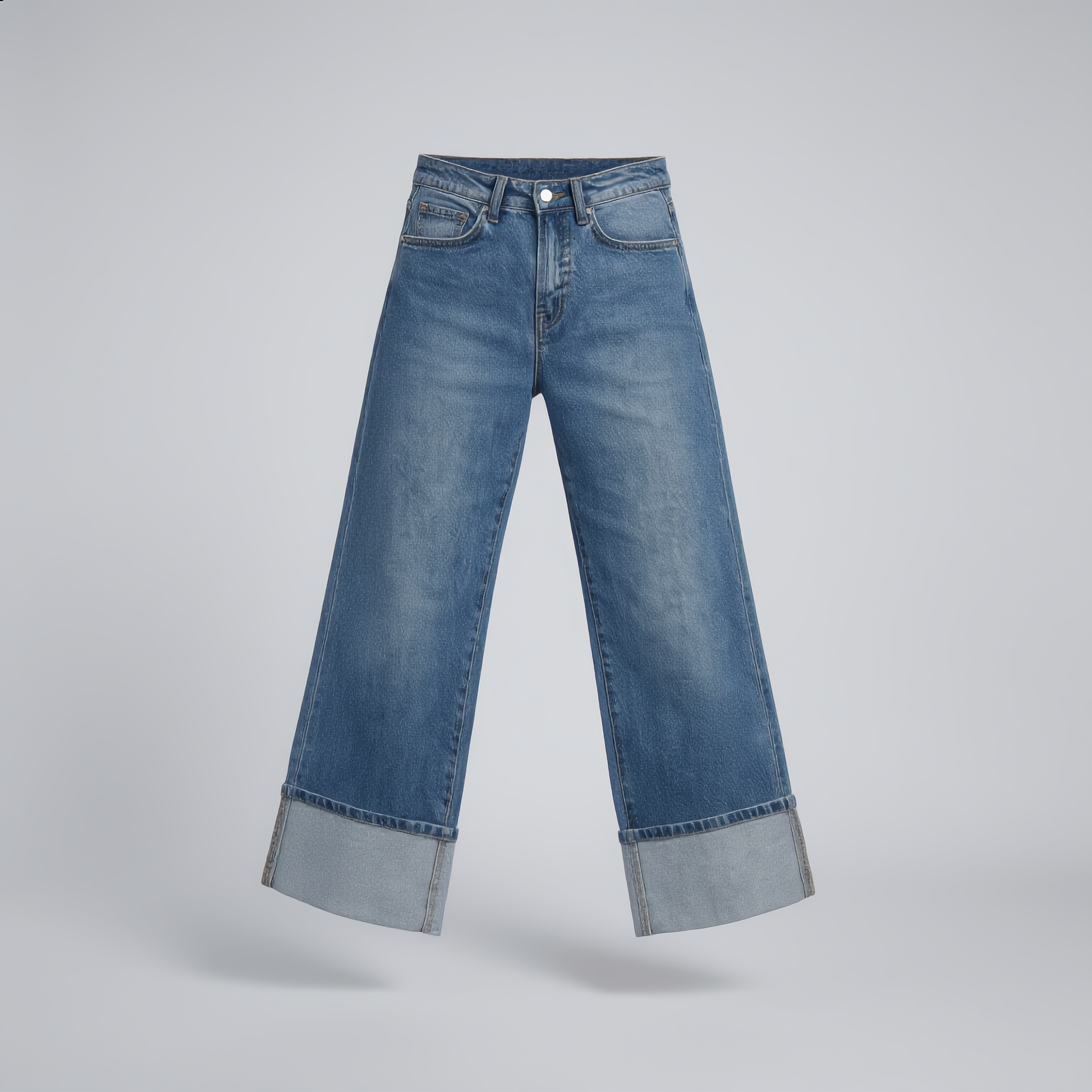 Women’s High-Waist Stretch Straight Jeans with Retro Curled Hem