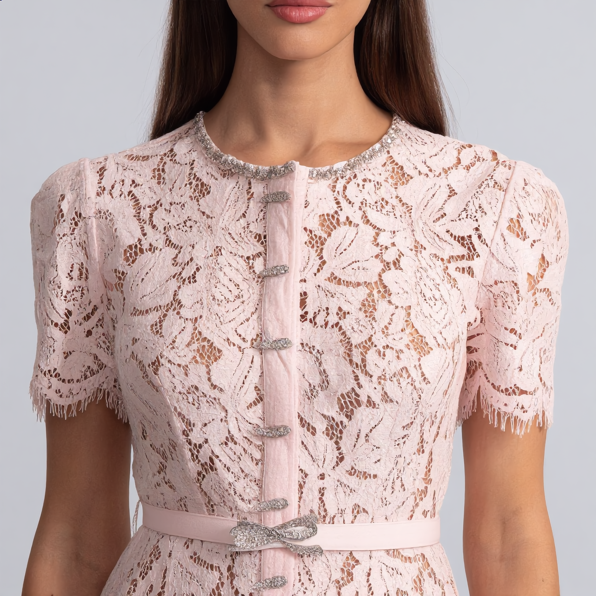 Refined Blush Lace Midi Dress with Button Detail and Scalloped Hem