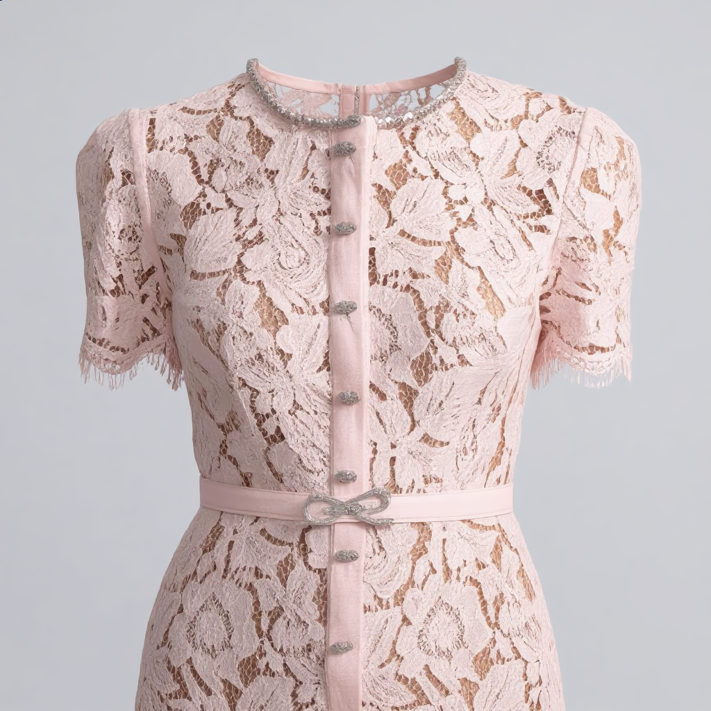 Refined Blush Lace Midi Dress with Button Detail and Scalloped Hem