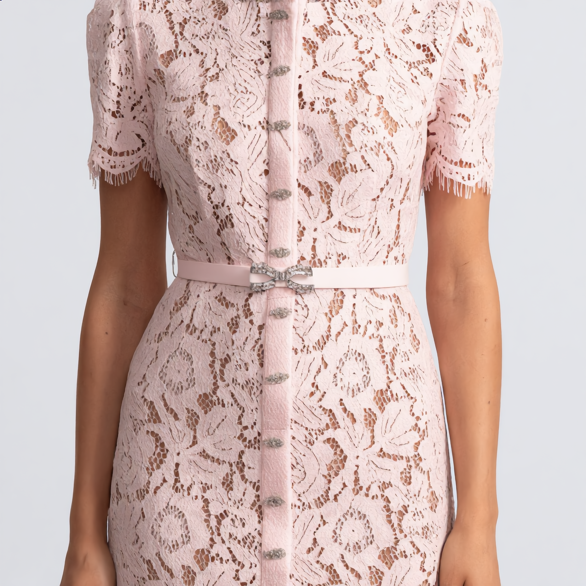 Refined Blush Lace Midi Dress with Button Detail and Scalloped Hem