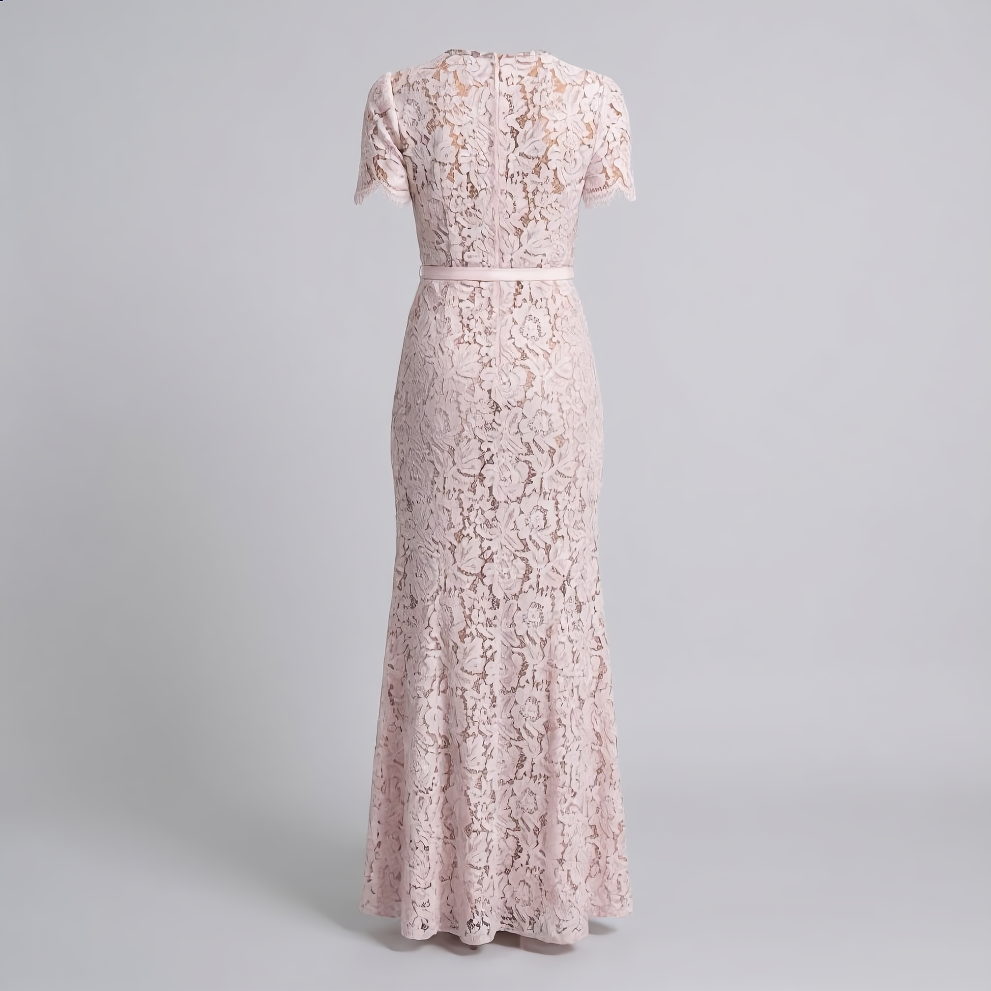 Refined Blush Lace Midi Dress with Button Detail and Scalloped Hem
