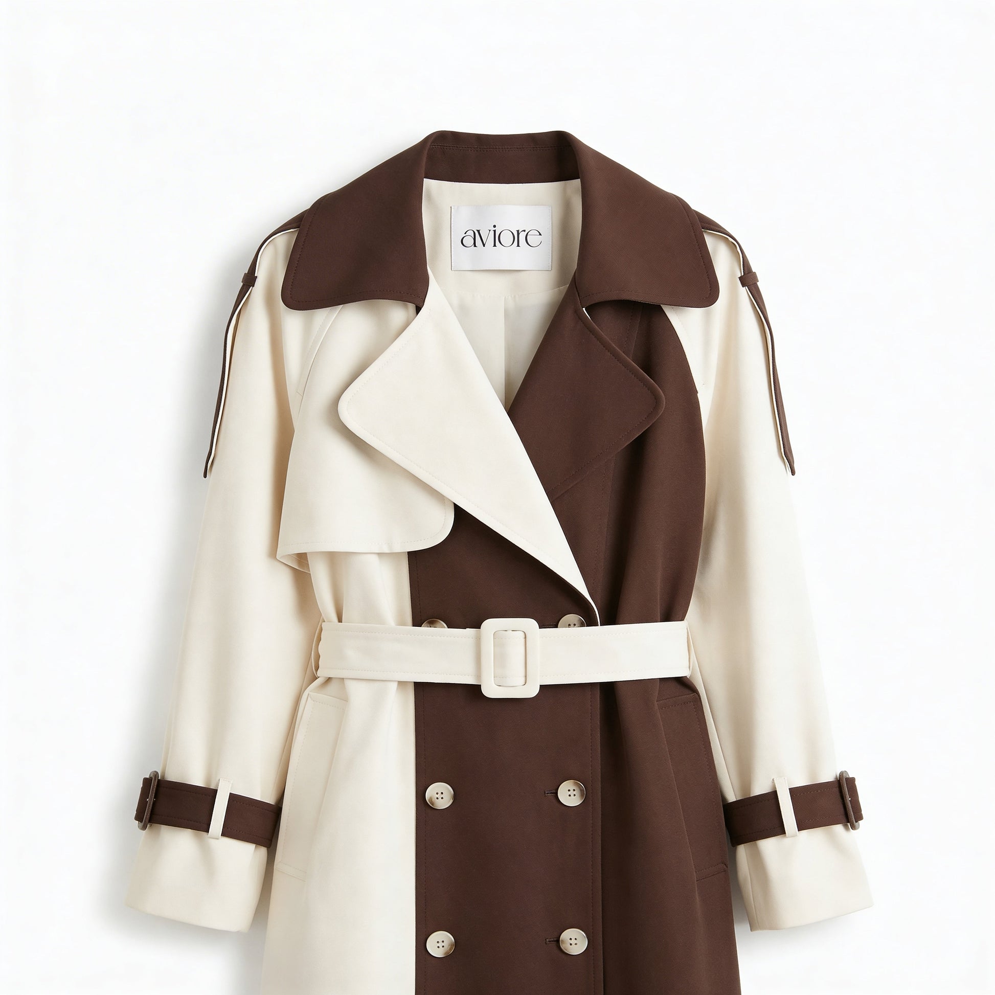 Women's Cream and Brown Double-Breasted Trench Coat with Belted Waist