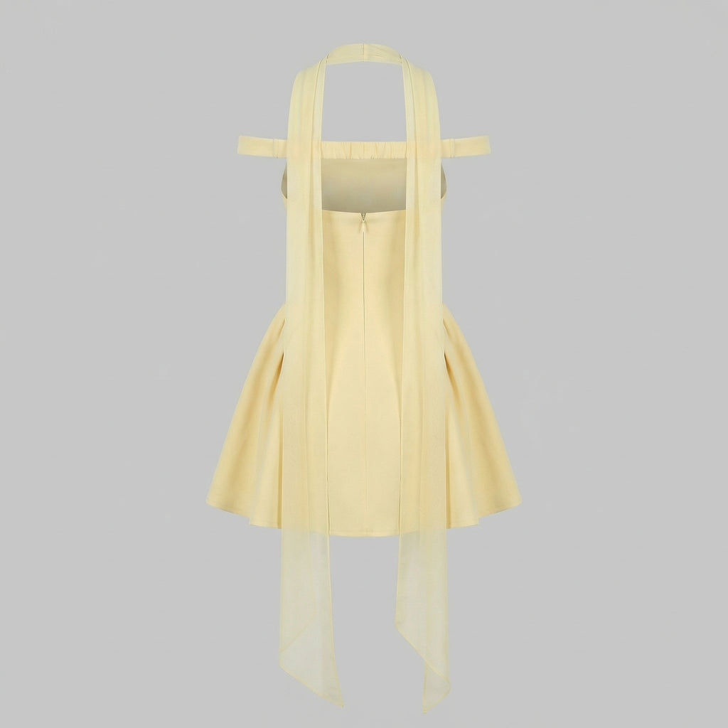 Women's Yellow Bardot Mini Dress with Corset-Style Fit and Tulle Detailing