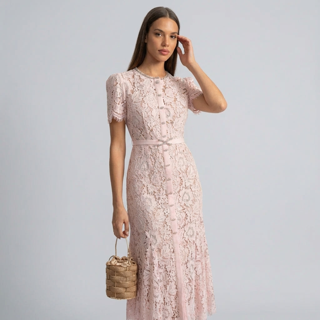 Woman wearing a pink lace dress holding a woven handbag against a gray background