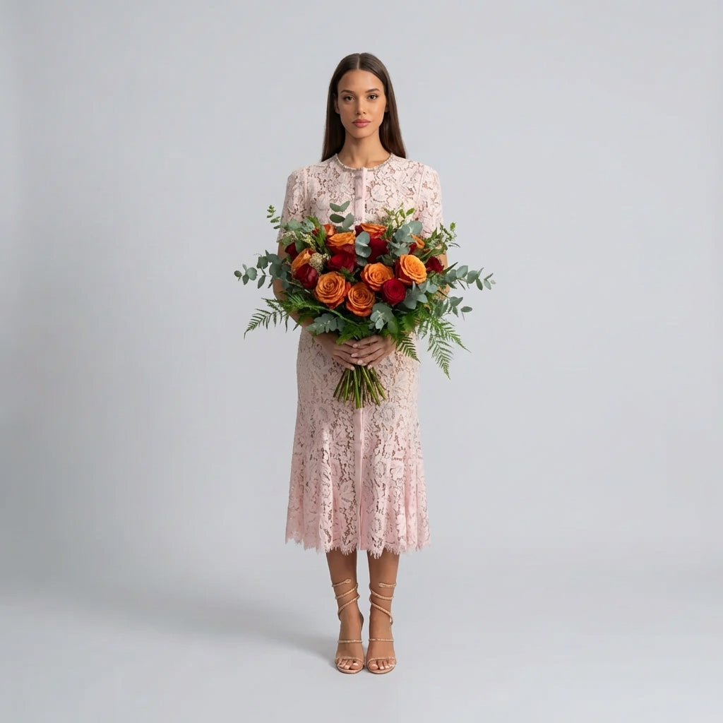 Woman holding a bouquet of flowers against a plain background